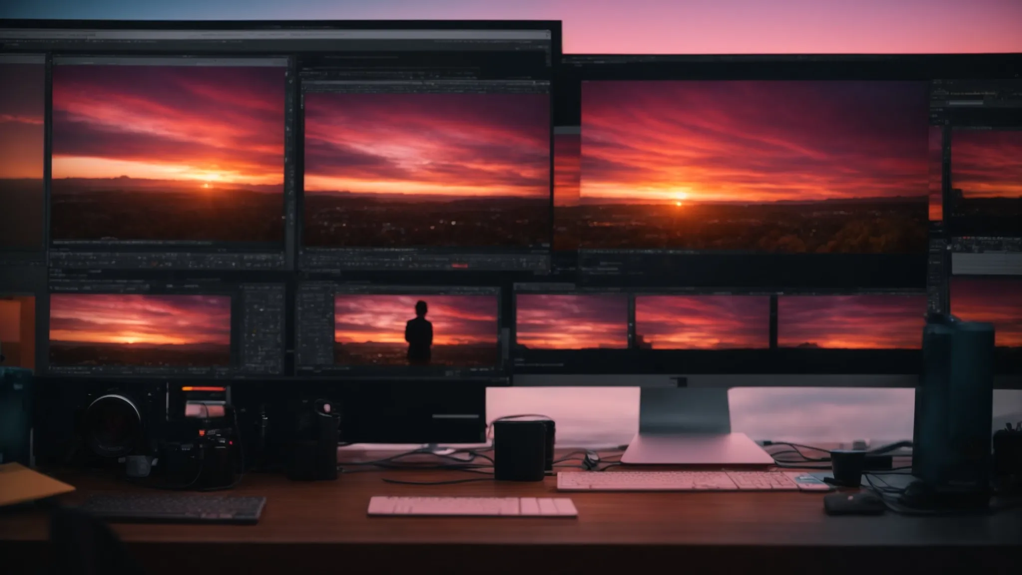 a filmmaker edits a movie on a computer, adjusting the colors of a vibrant sunset scene on the screen.