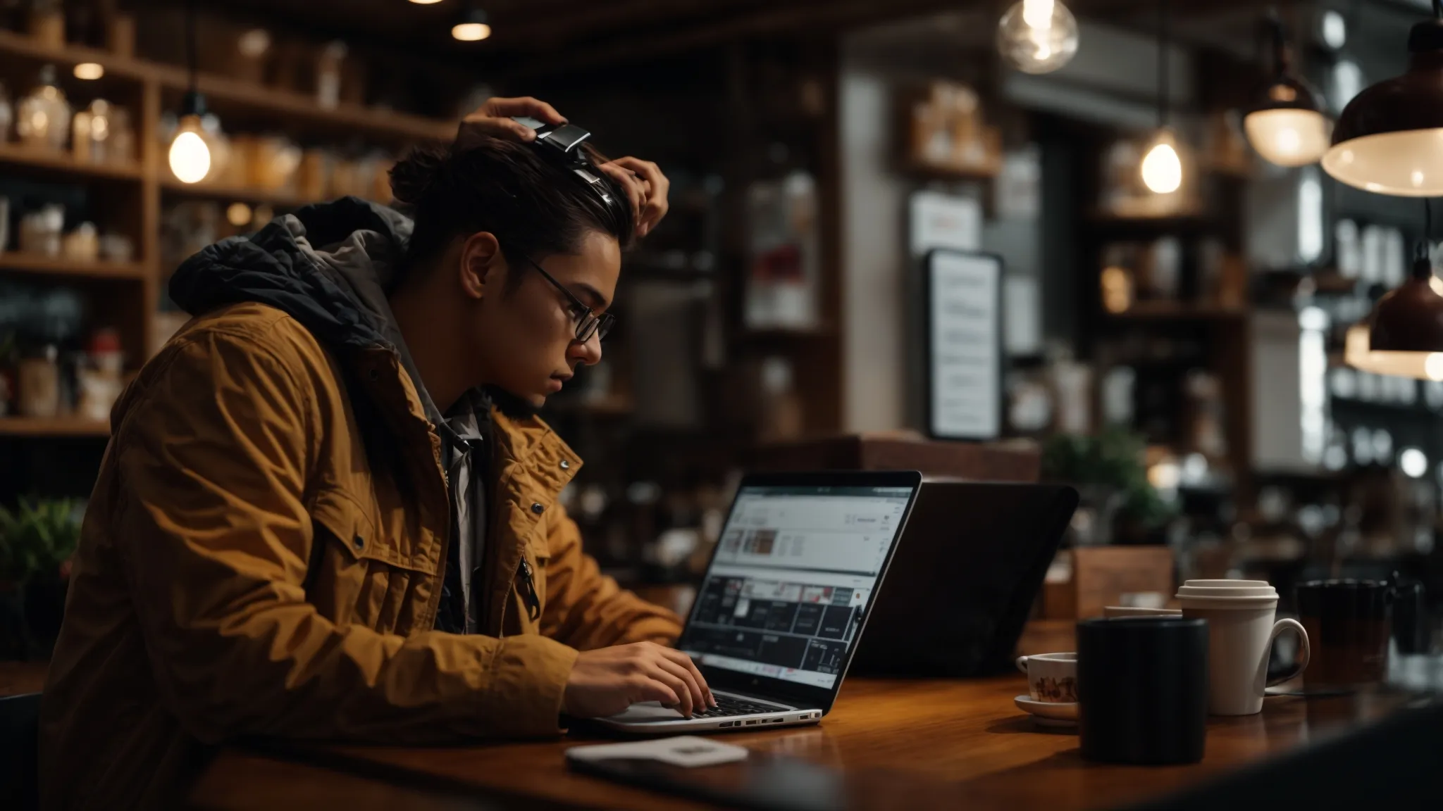 a creator editing videos on a laptop in a coffee shop, surrounded by a bustling, creative atmosphere.