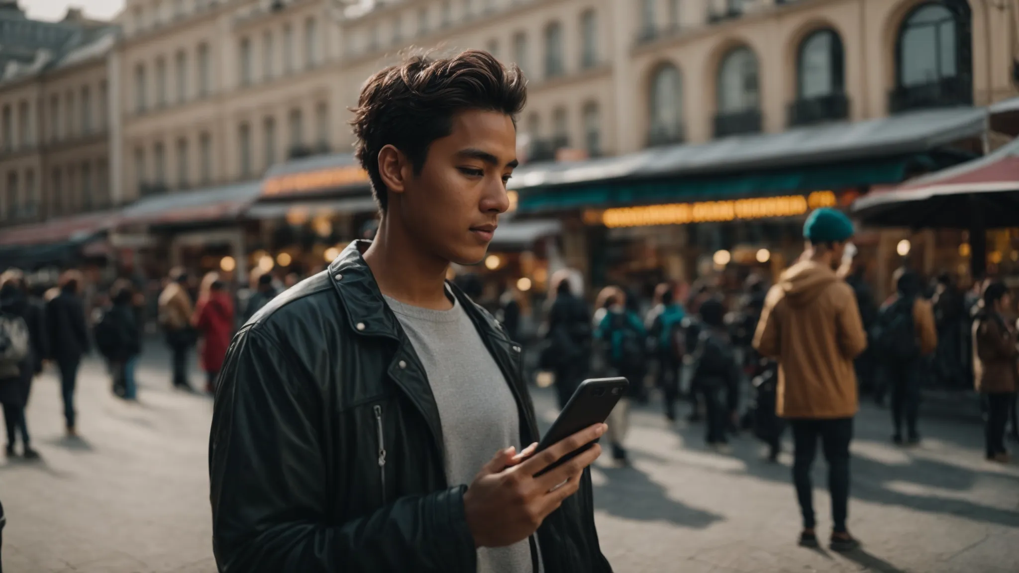 a content creator stands in a bustling city square, smartphone in hand, capturing and editing vibrant scenes.