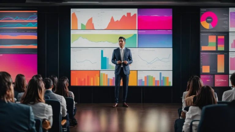 a professional speaker stands in front of a conference room screen displaying colorful graphs on video engagement trends.