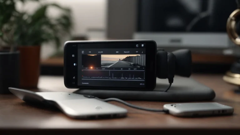 a smartphone displaying a video editing interface on its screen, placed on a clean, modern desk next to headphones.