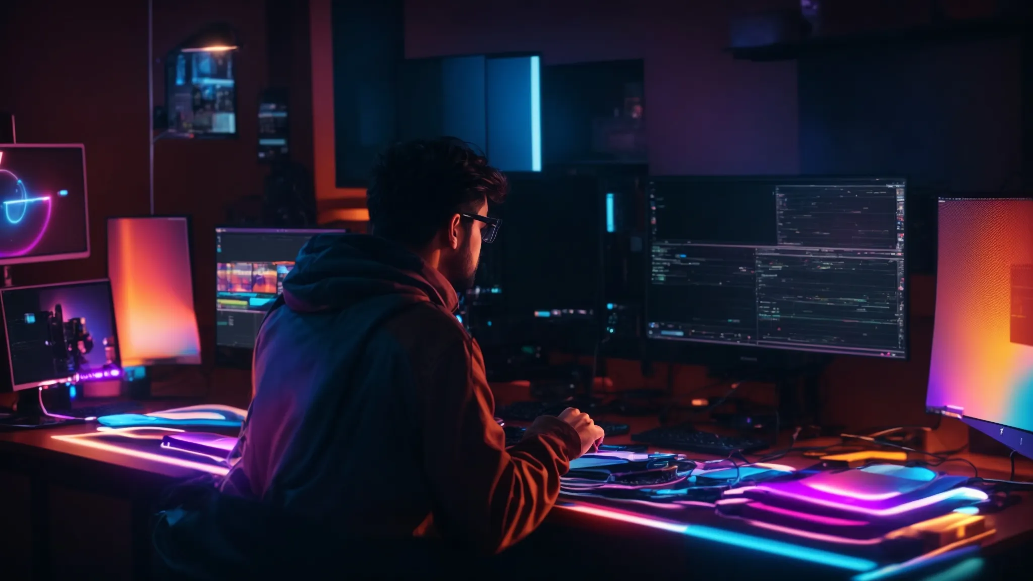 a digital artist sits in front of a glowing computer screen, immersed in the creative process of animating a captivating social media post using adobe after effects.