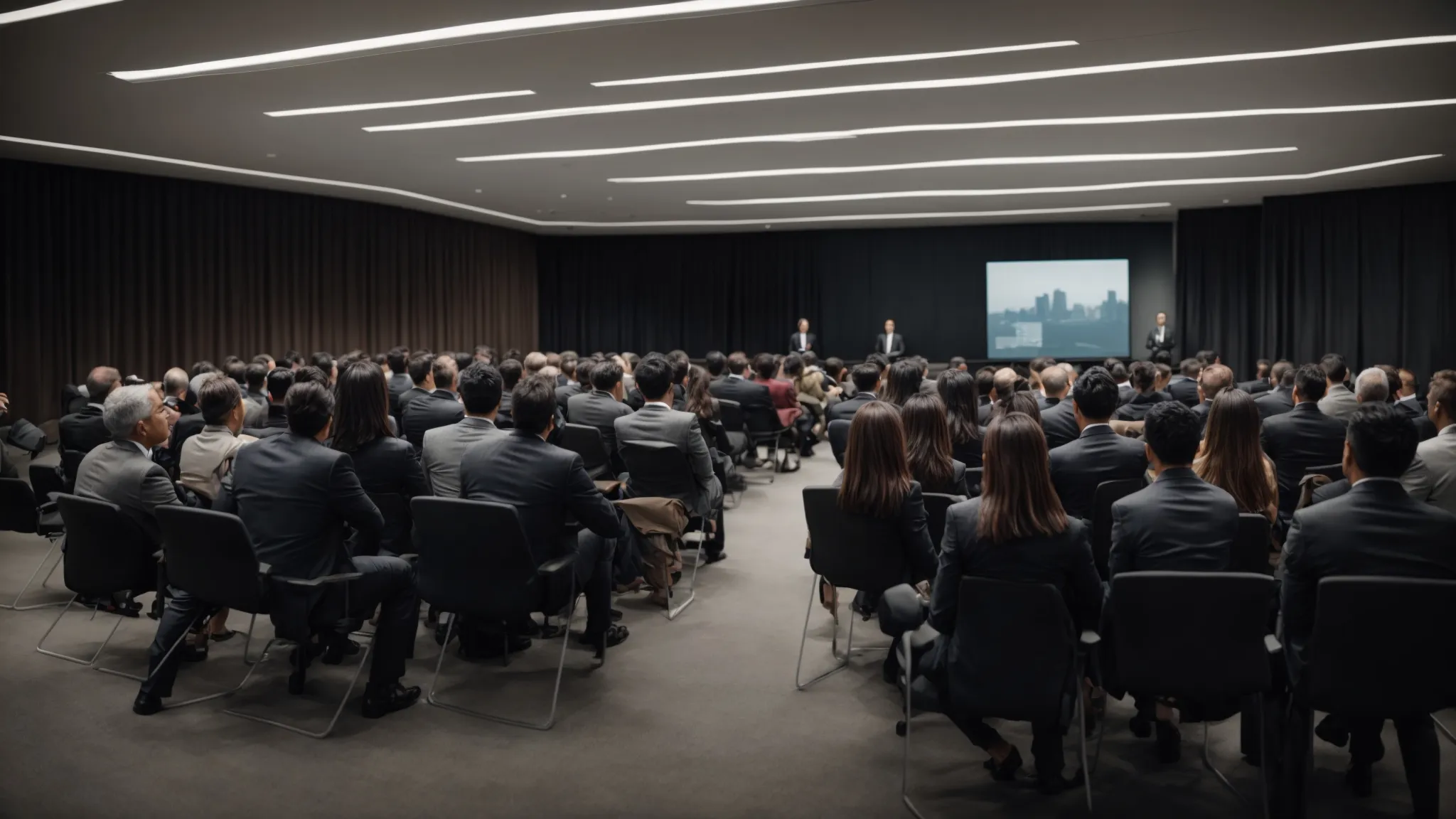 a diverse group of professionals attentively watching a presentation on a large screen in a modern conference room, symbolizing engagement and learning.