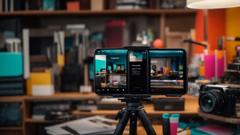 a smartphone mounted on a tripod captures a brightly colored, well-organized creative workspace.
