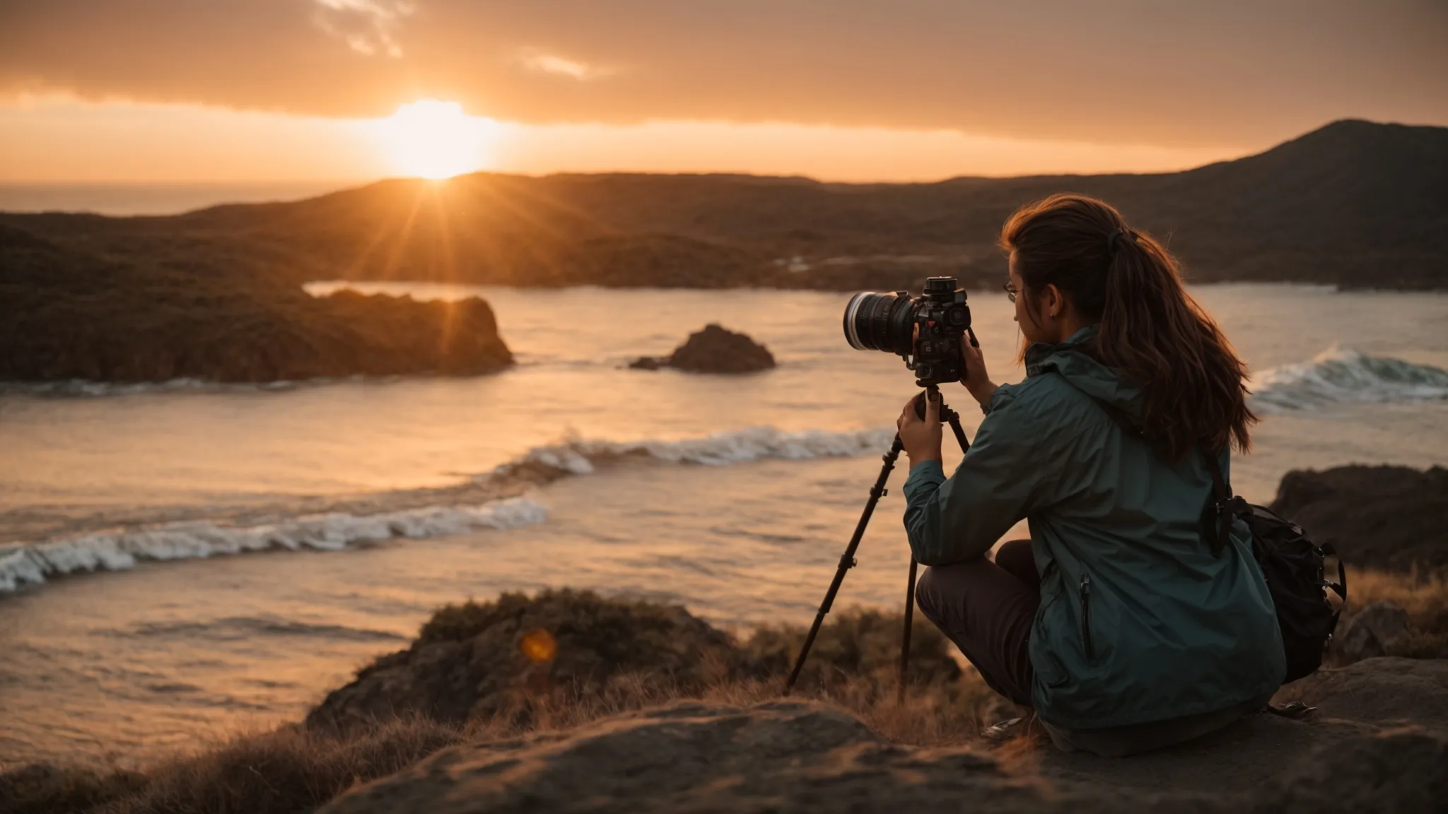 a filmmaker adjusts the settings on a camera poised to capture a sunset, symbolizing the meticulous optimization of video content for social media engagement.