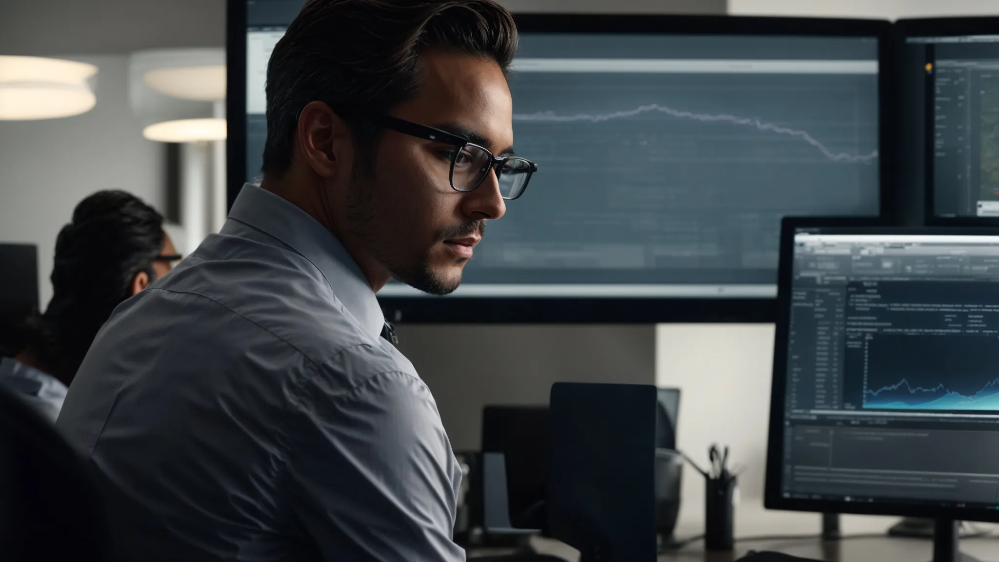 a professional wearing glasses intently reviews video analytics on a large desktop monitor in a modern office setting.