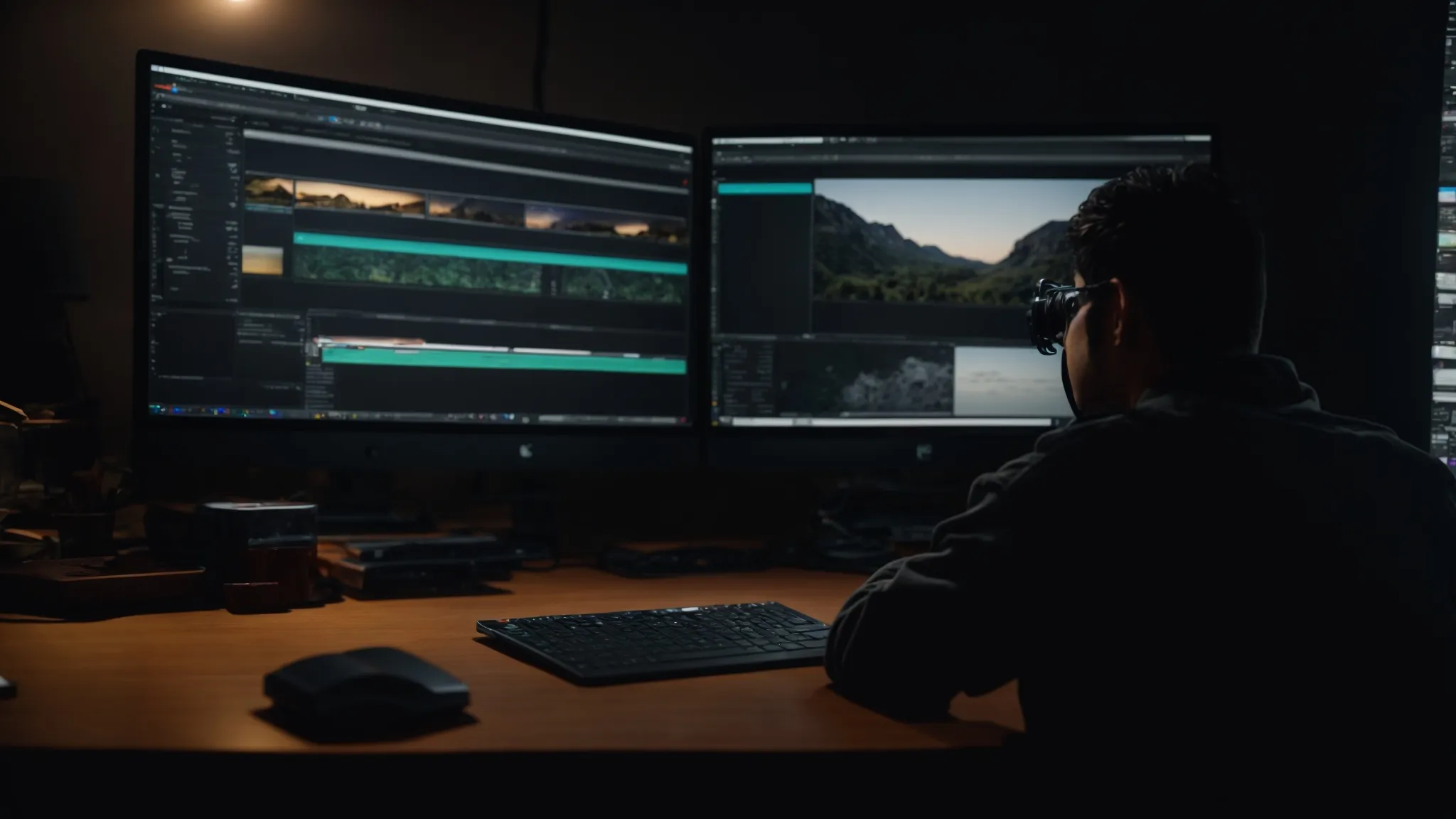 a content creator thoughtfully reviews their video project on a computer with final cut pro x open, surrounded by a dimly lit creative workspace.