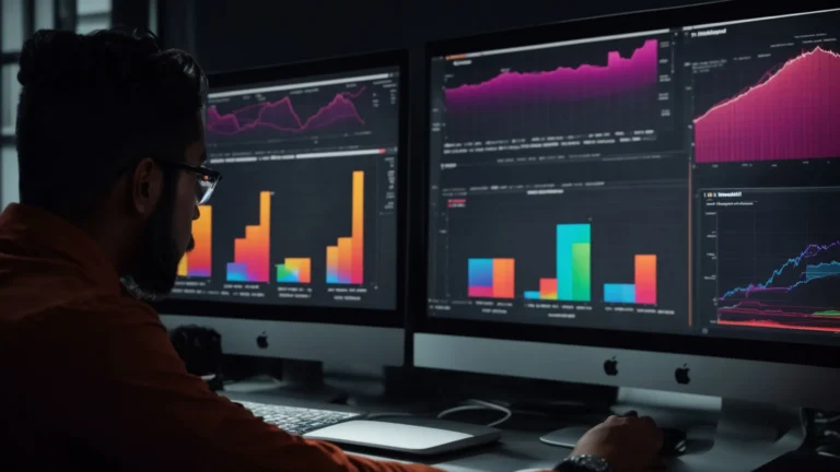 a person analyzes colorful charts and graphs on a computer screen, strategizing social media video performance improvements.