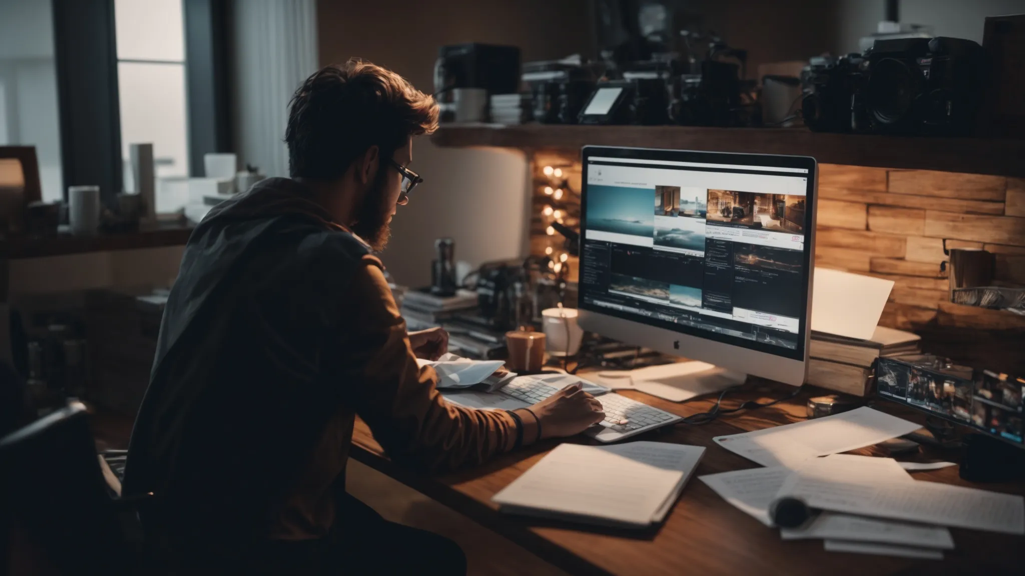 a creator sits before a computer, editing software open, surrounded by notes on optimal instagram video formats.
