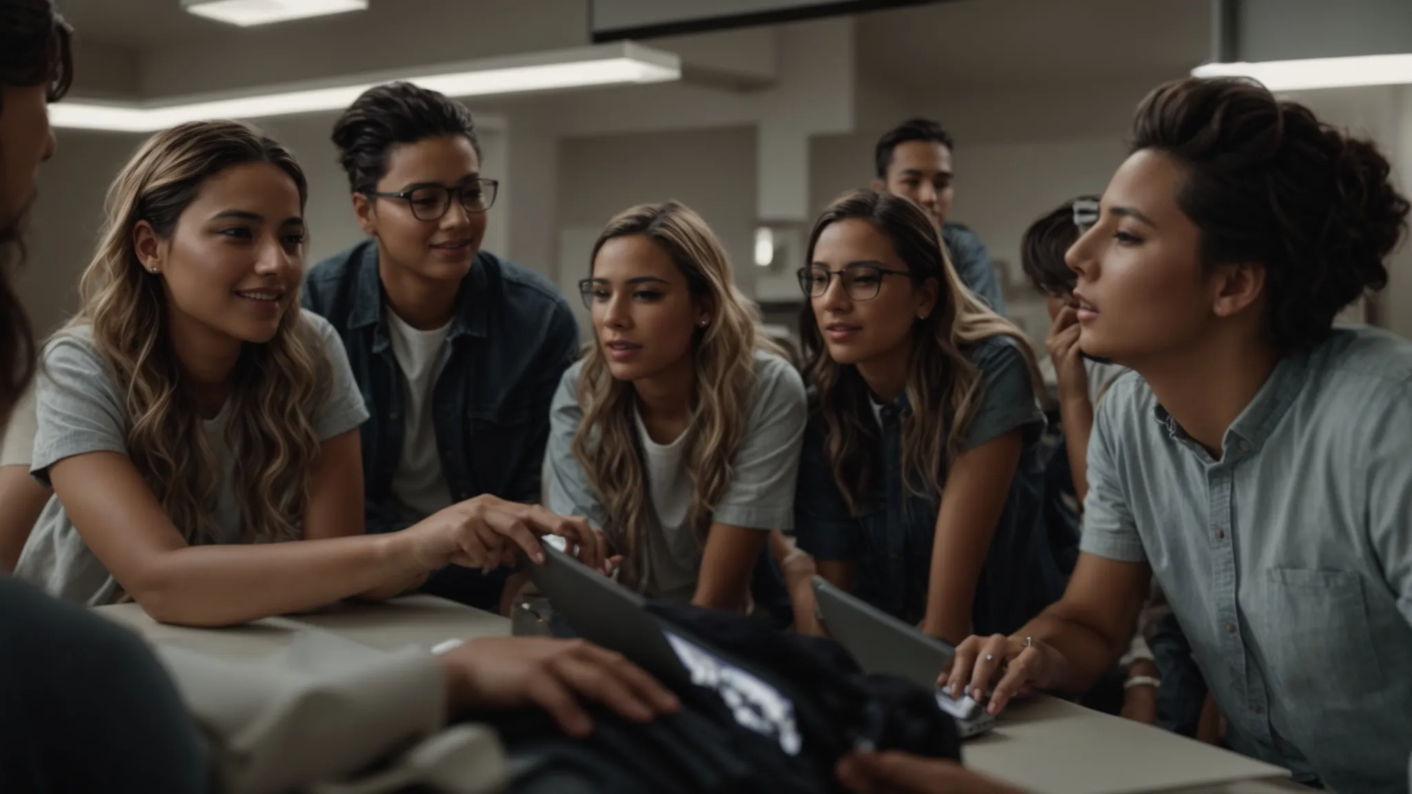 a team of people gather around a computer screen, clearly engaged in excited discussion over their latest video project.