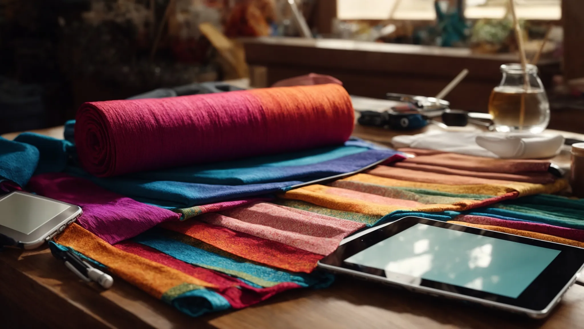 a colorful craft table illuminated by natural light, with rolls of vibrant fabric positioned next to a digital tablet displaying a video editing app.