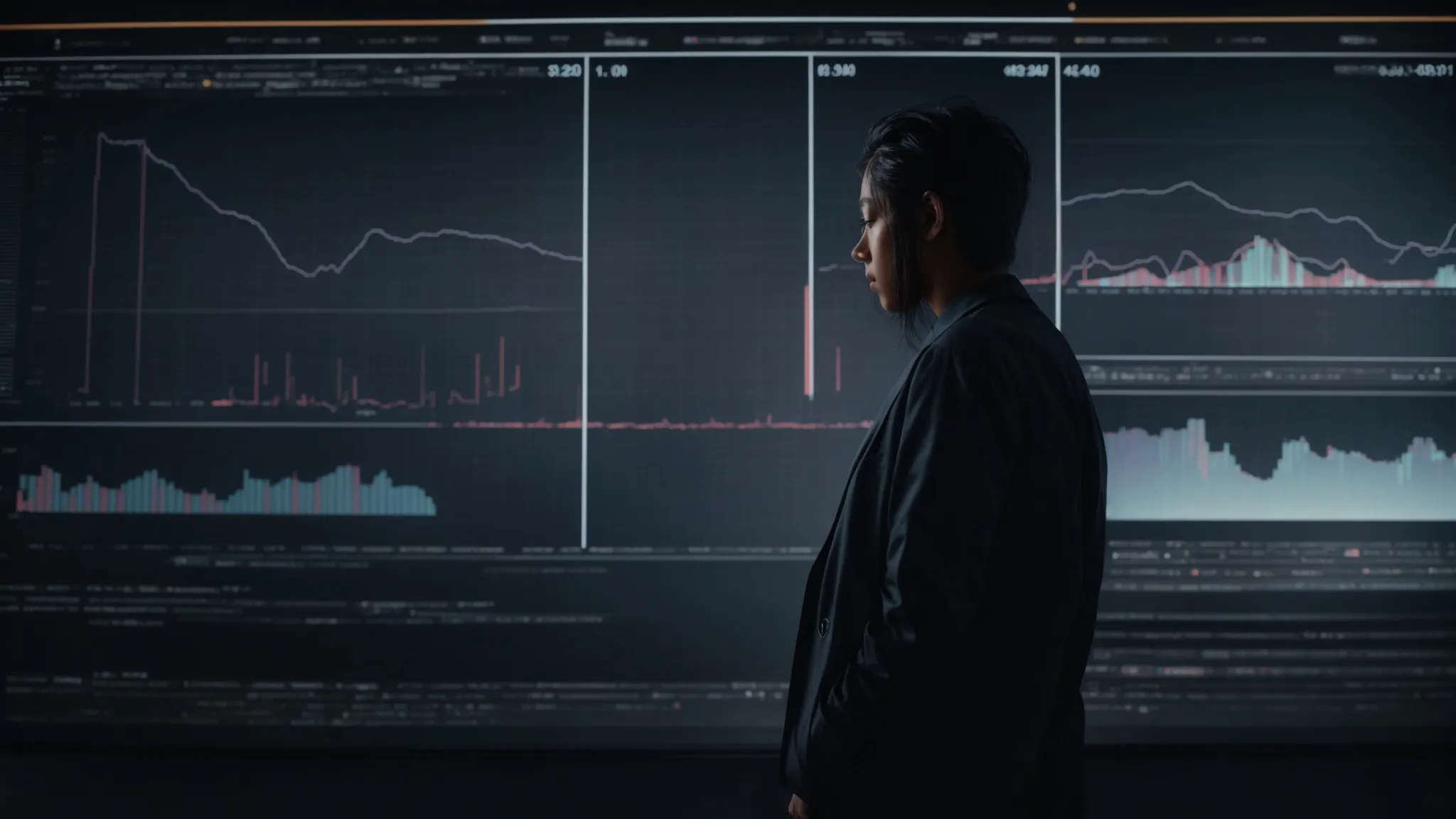 a person looking thoughtfully at a large screen displaying various analytics and graphs.