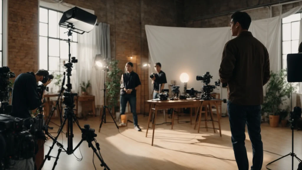 two content creators stand side by side, filming a video together in a well-lit studio setup.