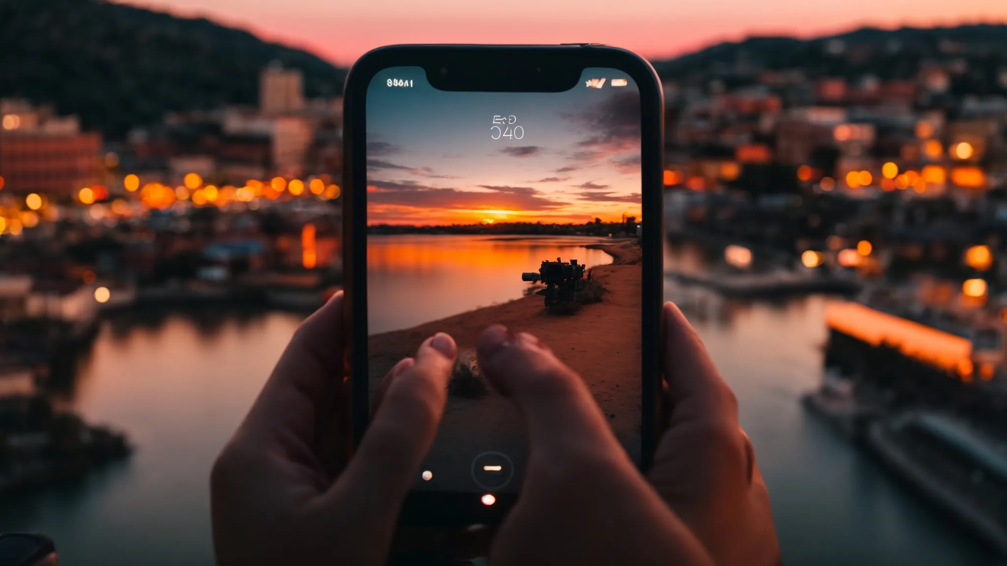 a young person eagerly holding their smartphone, capturing a vibrant sunset scene through the snapchat app.