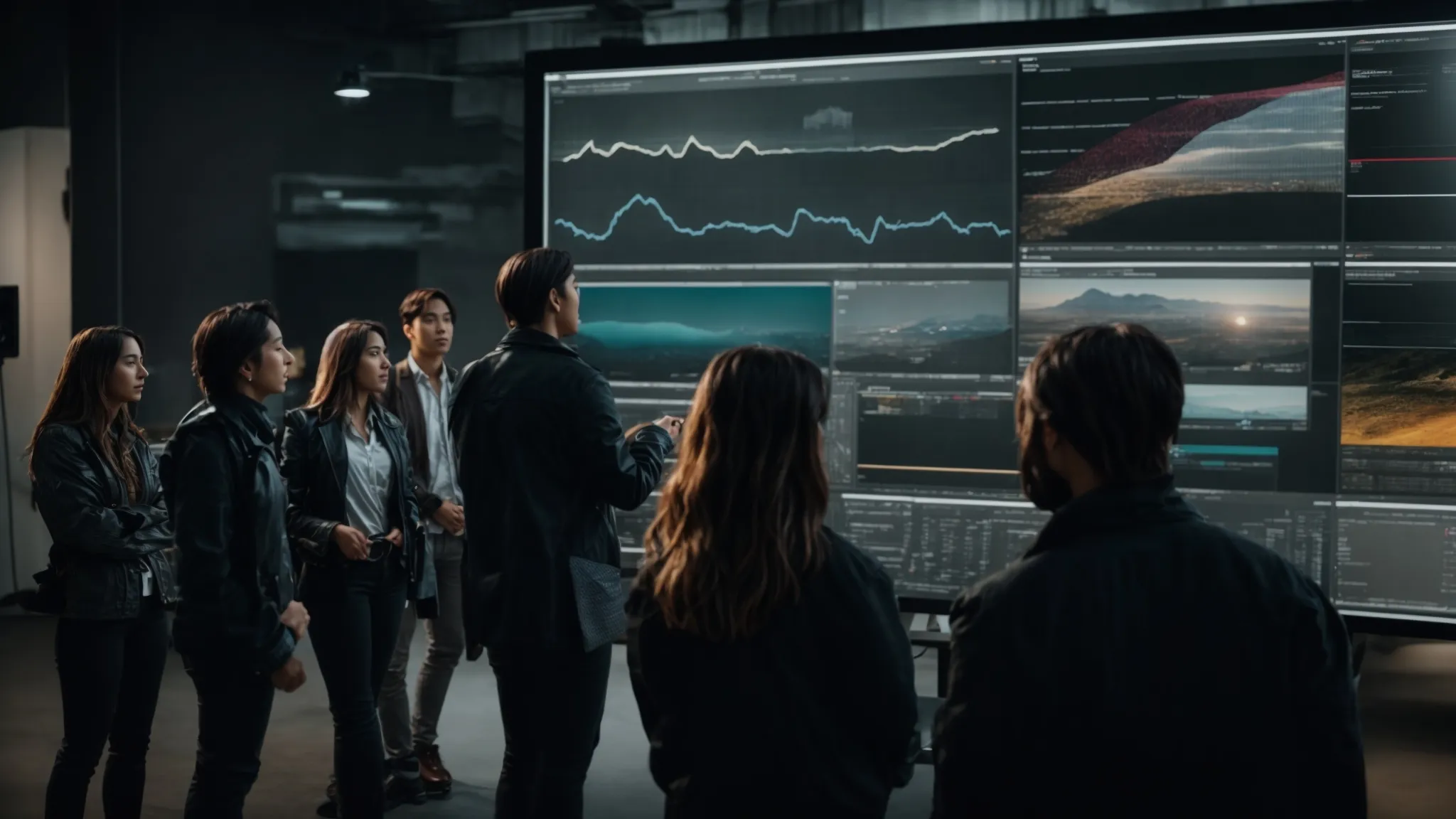 a group of creative professionals gathers around a large digital screen, discussing a project with vibrant enthusiasm.