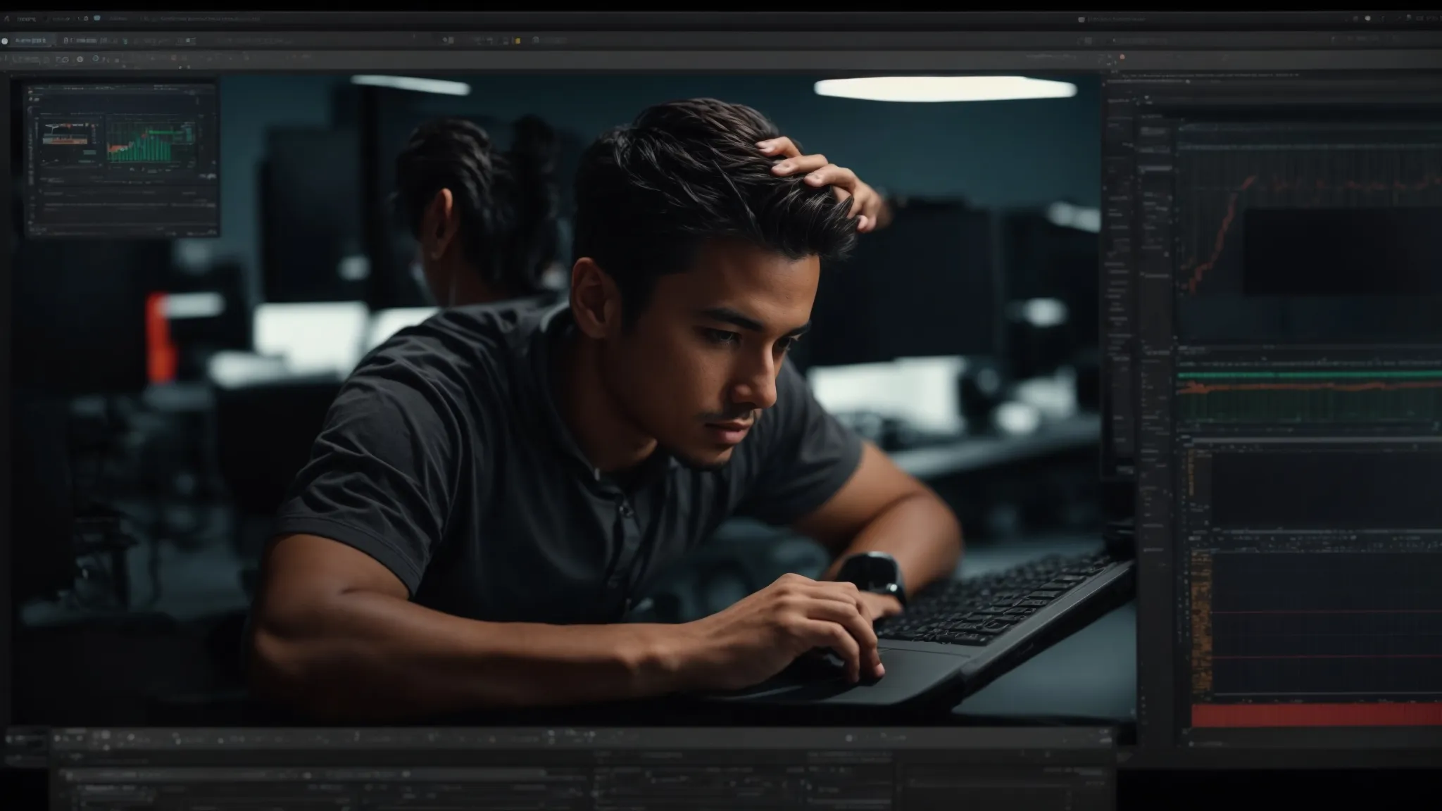 a content creator intently focuses on a large, bright computer screen displaying a video editing software interface with an open subtitles editing panel.
