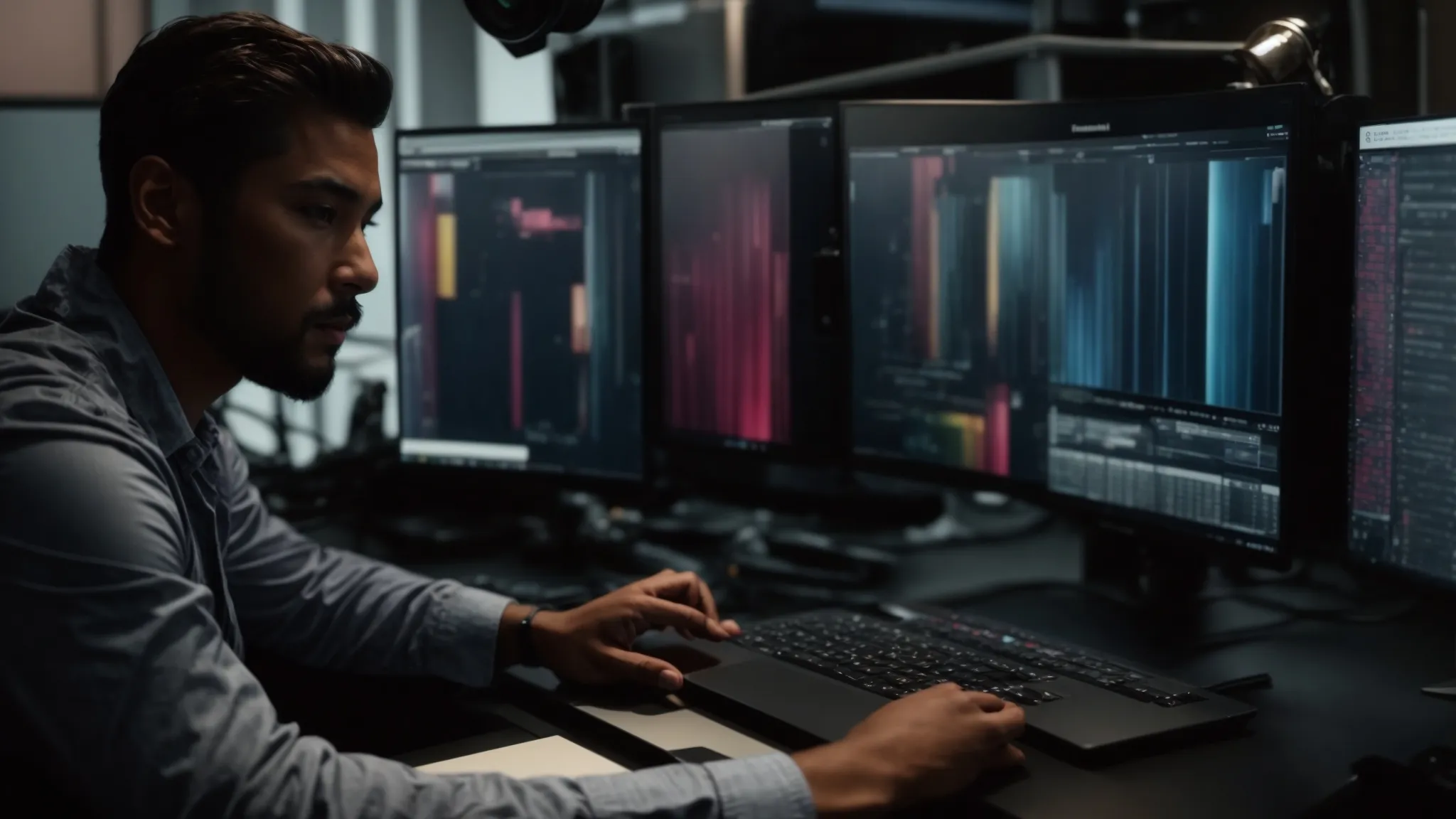 a filmmaker adjusts color settings on a computer screen, showcasing before and after scenes of a movie clip.