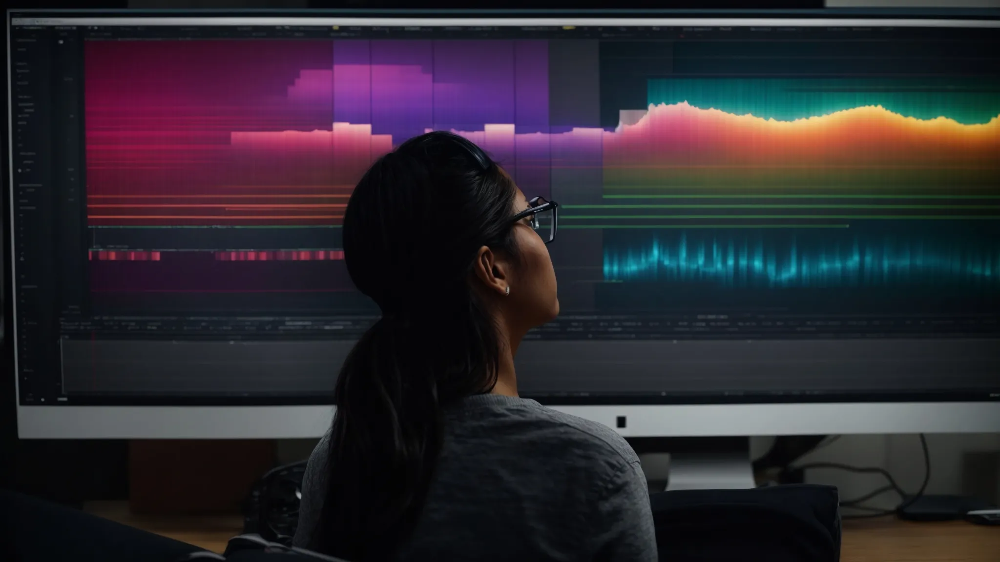 a filmmaker reviews colorful histograms and adjustment layers on a large monitor screen, immersed in the art of video editing.