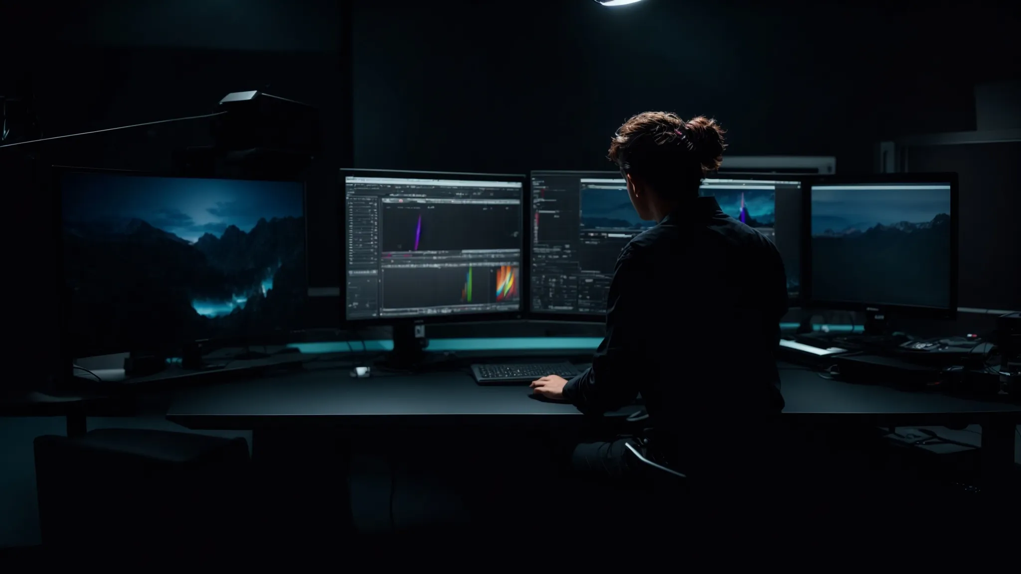 a videographer adjusts the color grading monitor settings in a dark studio, surrounded by professional editing equipment.