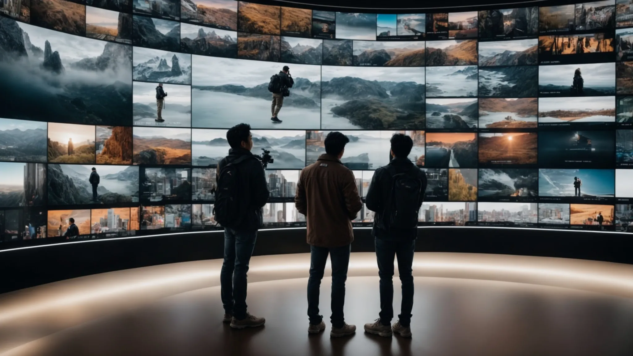 a filmmaker stands before a vast, multi-screen display, each showing a different social media platform with varied video content.