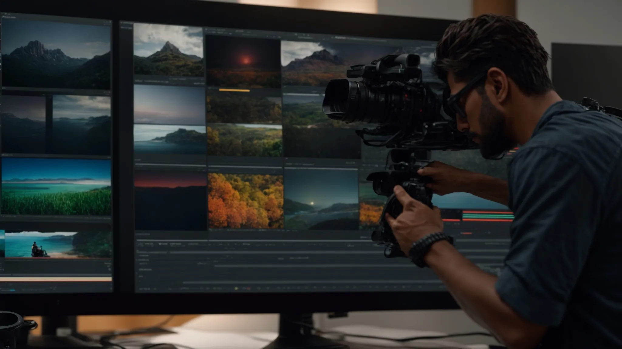 a filmmaker adjusts vibrant colors on a large monitor displaying a cinematic scene, using davinci resolve interface.
