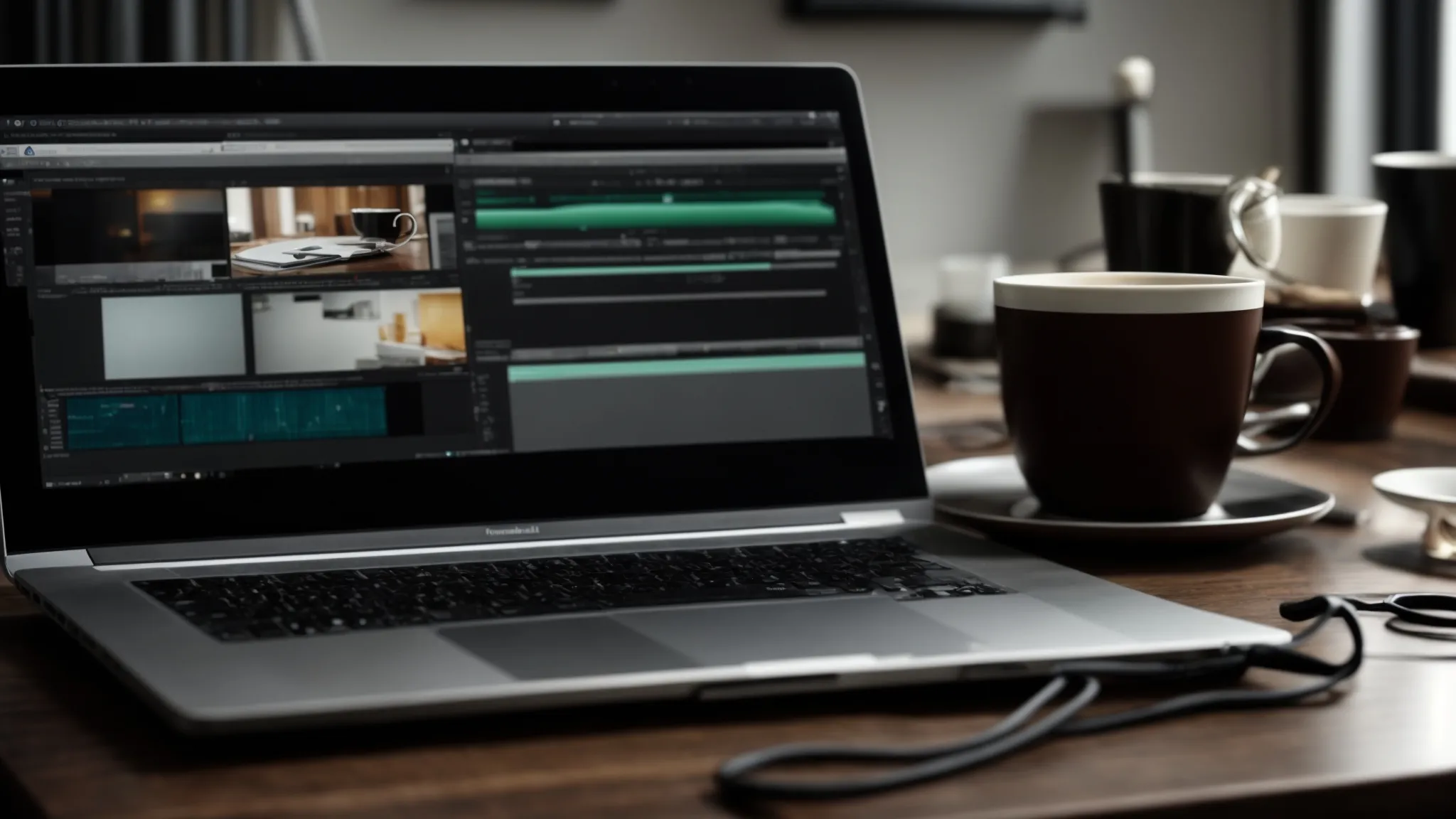 a desktop with an open laptop showing a video editing software interface, surrounded by a smartphone, headphones, and a cup of coffee.